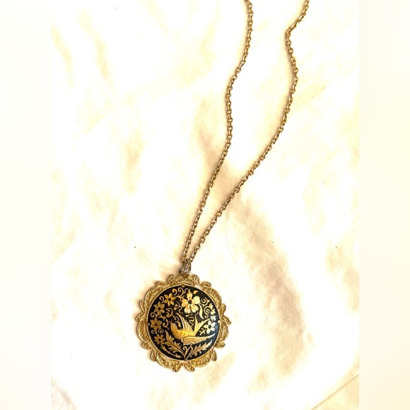 DAMASCENE🌹Necklace Goltone FLOWERS/ BIRD/LOVE Romantic Stunning VTG - Picture 6 of 6